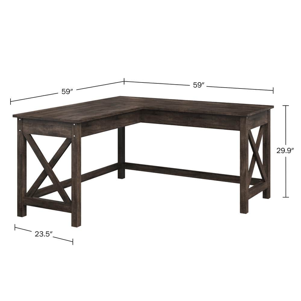 Dark Gray Oak L-Shaped Computer Desk with X-Pattern Legs