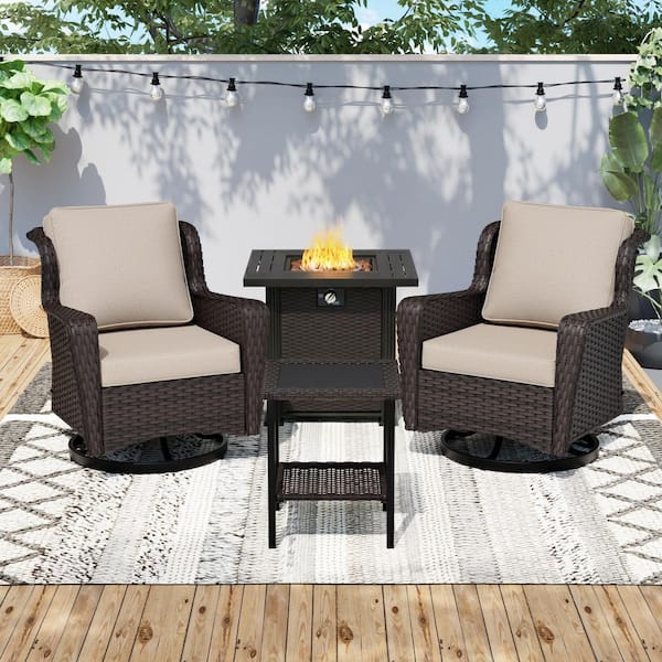4-Piece Brown Wicker Patio Fire Pit Conversation Sets with 2 Swivel Chairs Beige Cushions, 1 Fire Pit and 1 Side Table