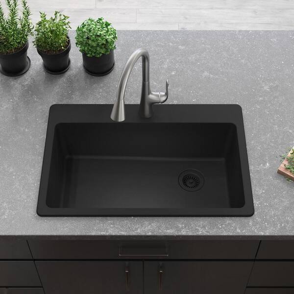 Elkay Quartz Classic 33 in. Drop-in Single Bowl Matte Black Granite ...