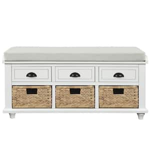18.7''HX42.1''W X15.4''D White Rustic Storage Bench with 3 Drawers, 3 Rattan Baskets, Shoe Bench for Living Room