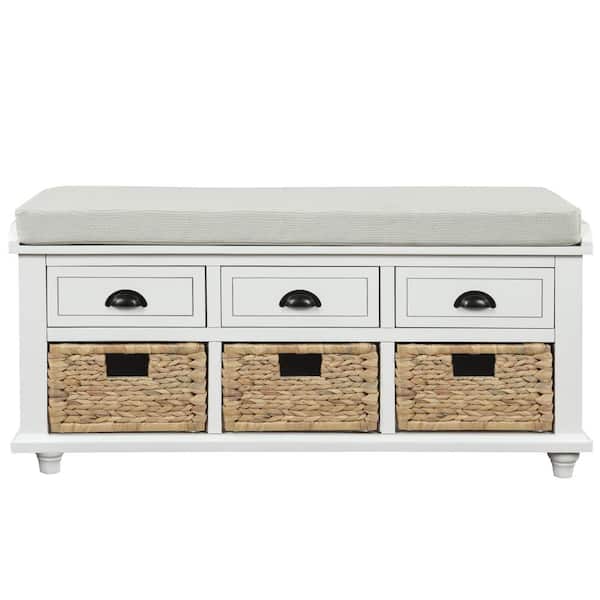 Aoibox 18.7''HX42.1''W X15.4''D White Rustic Storage Bench with 3 Drawers, 3 Rattan Baskets, Shoe Bench for Living Room