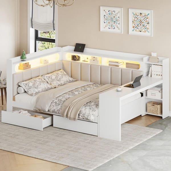 2-Drawers White Full Daybed with Built-in Desk, Charging Station, LED Lighting, Linen Upholstered Headboard and Backrest