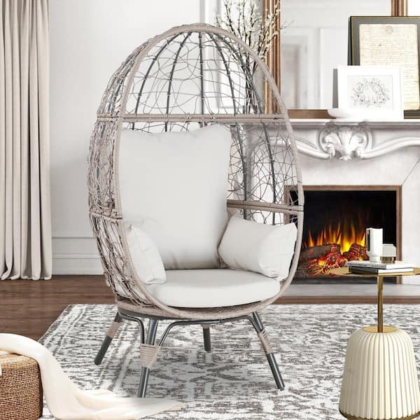 ULAX FURNITURE Patio Outdoor Wicker Egg Lounge Chair with Beige Cushions