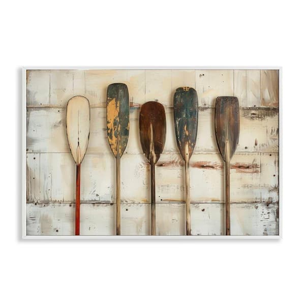 Rustic Oar Lineup by Arlington Prints White Framed Coastal Giclee Art Print 12 in. x 18 in.