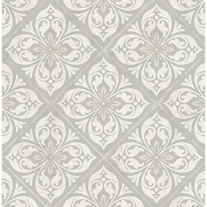 56 sq. ft. Luxe Retreat Cove Gray and Metallic Silver Smooth Plumosa Tile Unpasted Paper Wallpaper