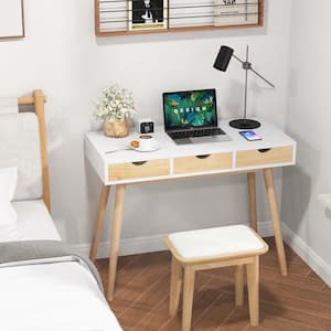 40 in. Rectangular White Wood Computer Desk Workstation Vanity Table with 3-Drawers and Rubber Wood Legs