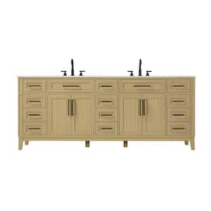 84 in. Double Sink Freestanding Honey Brown Bath Vanity with Marble White Engineered Marble Top