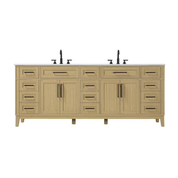 84 in. Double Sink Freestanding Honey Brown Bath Vanity with Marble White Engineered Marble Top