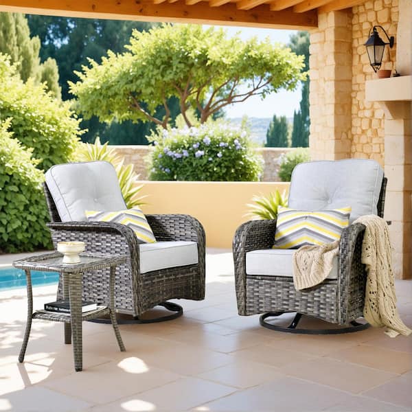 Galene Gray 3-Piece Wicker Outdoor Patio Conversation Swivel Rocking Chair Seating Set with Light Gray Cushions