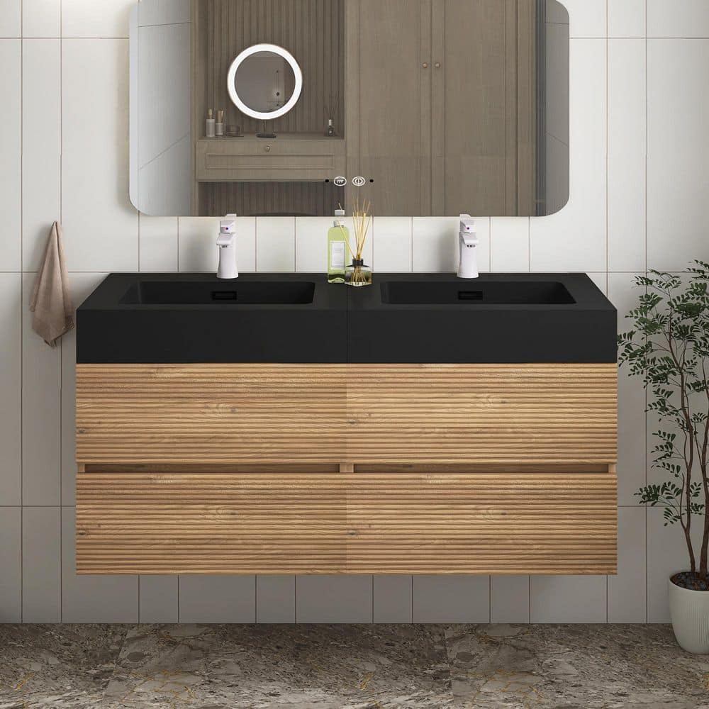 48 in. Wall Mounted Oak Bath Vanity with Black solid surface Top Unassembled price history on PriceWatchPro