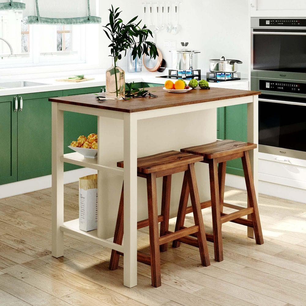White Wood 45 in. Kitchen Island, Solid Wood Rustic 3-piece