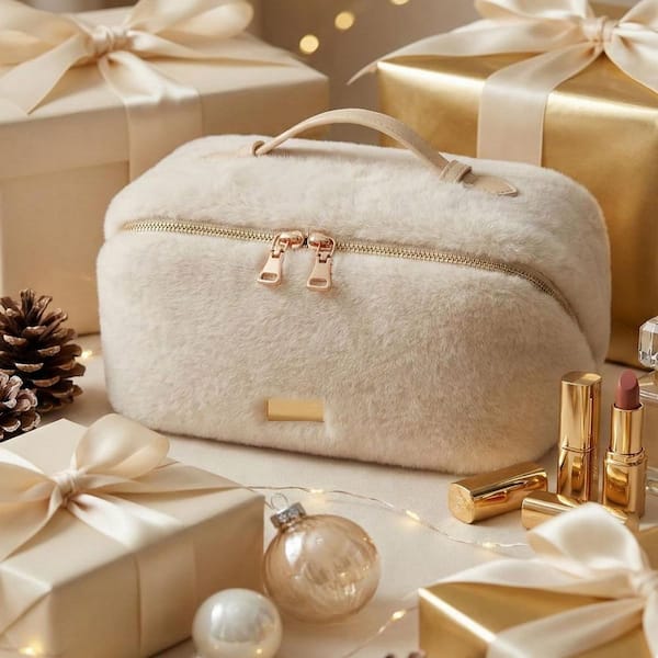 Numhew Travel Makeup Bag in BJ-Beige, Large Capacity Cosmetic Bag, Waterproof PU Leather, Flat Open Portable Toiletry Bag