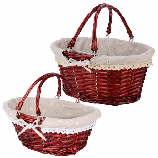 2-Pack Brown Wicker and Linen Lined Picnic Basket Set in 14-Inch and 12-Inch Sizes with Handle