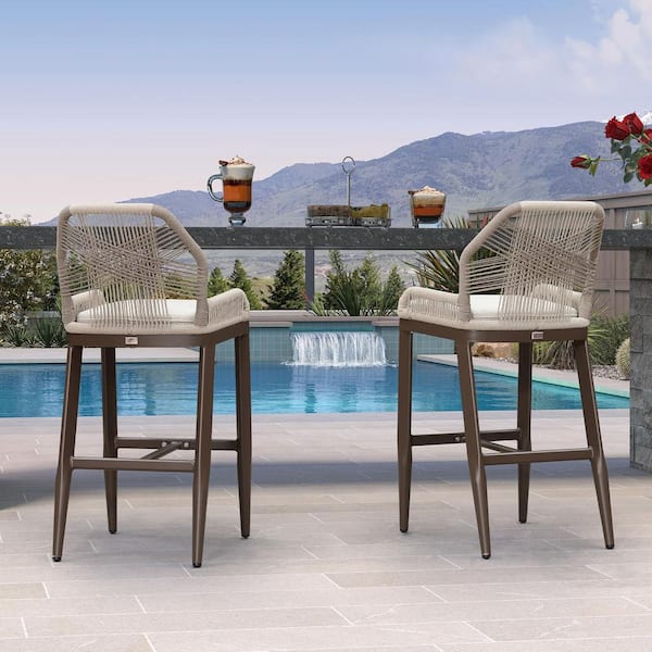 Modern Aluminum Woven Rattan Bar Height Outdoor Bar Stool Chairs with Back, Coffee(2-Pack)