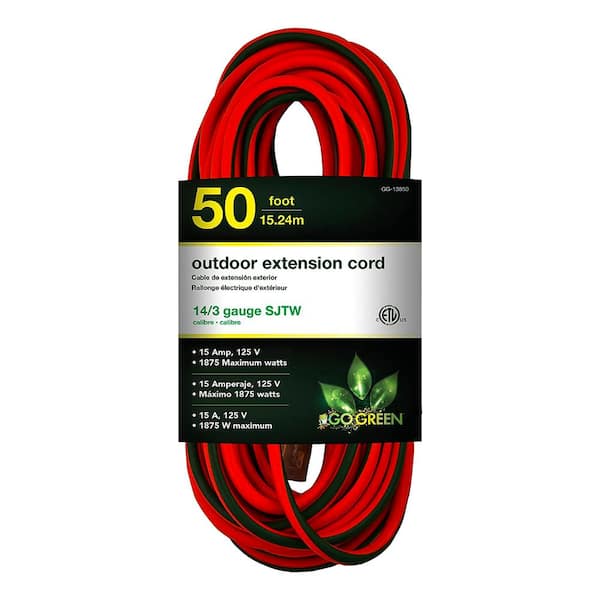 GoGreen Power 50 ft. 14/3 SJTW Outdoor Extension Cord, Orange with Lighted Green End