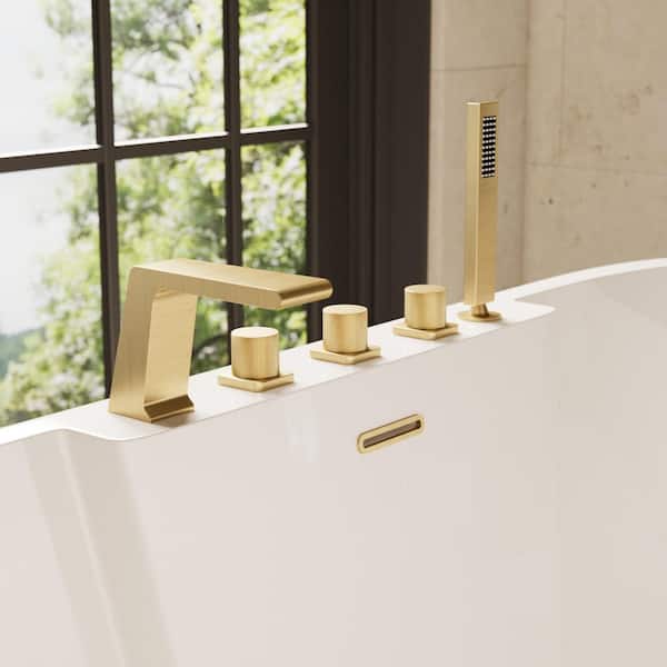 Bathtub Faucet 3-Handle Deck Mount Roman Tub Faucet with Handheld in Brushed Gold Valve Included