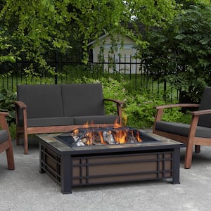 Hamilton 44 in. x 13 in. Rectangle Steel and Slate Natural Wood-Burning Fire Pit in Black and Brown with Slate Top