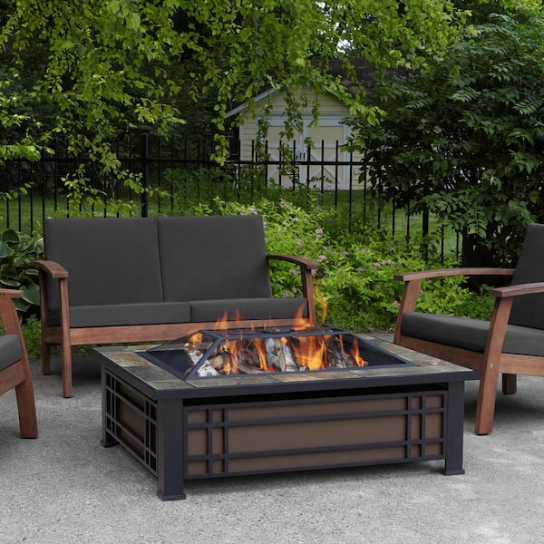 Real Flame Hamilton 44 In X 13 In Rectangle Steel And Slate Natural Wood Burning Fire Pit In Black And Brown With Slate Top 946 Nst The Home Depot