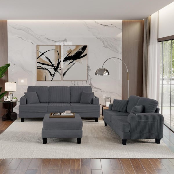 Modern Collection 84 in. Square Arm Fabric Lawson Sectional Sofa with Cup Holders,USB Ports Storage Ottoman in Dark Gray