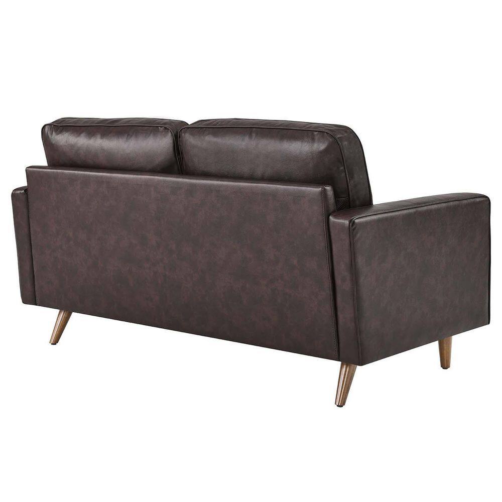 Valour Biscuit-Tufted Brown Faux Leather Loveseat with Walnut Wood Legs