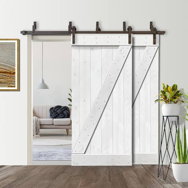 Calhome 48 In X 84 Z Bar Bypass White Stained Solid Pine Wood Interior Double Sliding Barn Door With Hardware Kit Swd11 Ab 79 2 Dr Diy B24wt 5 Bp Calhome 48 In X 84 Z Bar Bypass, Dual Sliding Barn Doors