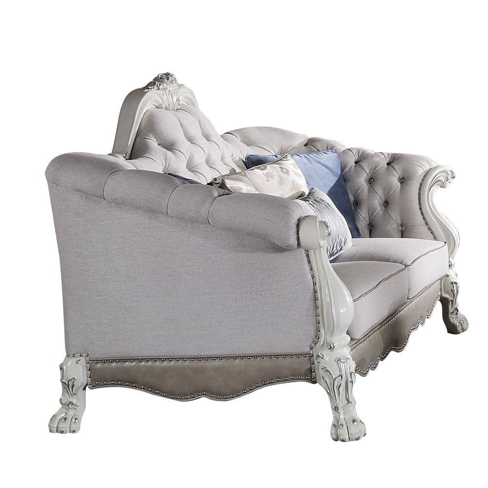 Bone White Faux Leather Tufted Sofa with Ottoman