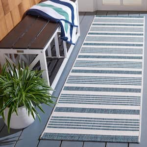 Courtyard Ivory/Teal 2 ft. x 8 ft. Runner Geometric Striped Indoor/Outdoor Area Rug