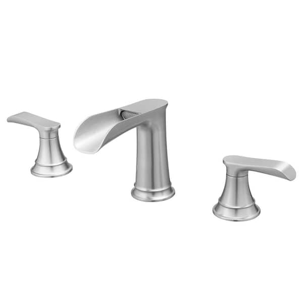 Dimakai Waterfall 8 in. Widespread Double Handle Brass Bathroom Faucet with Pop Up Drain, Water Supply Hoses in Brushed Nickel