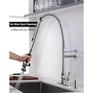 Commercial Single-Handle High-Arc Pull Down Sprayer Kitchen Faucet with Soap Dispenser for Restaurant in Polished Chrome