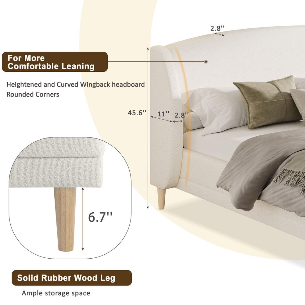 Arc White Boucle Fabric Upholstered Wood Frame King Size Platform Bed and Headboard Set - thumbnail 6
