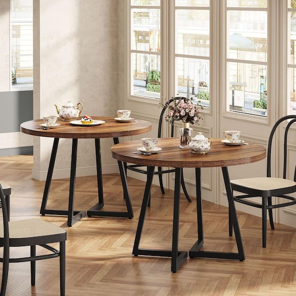 Moronia Rustic Brown Wood 31.5 in. Trestle Round Dining Table Seats 4