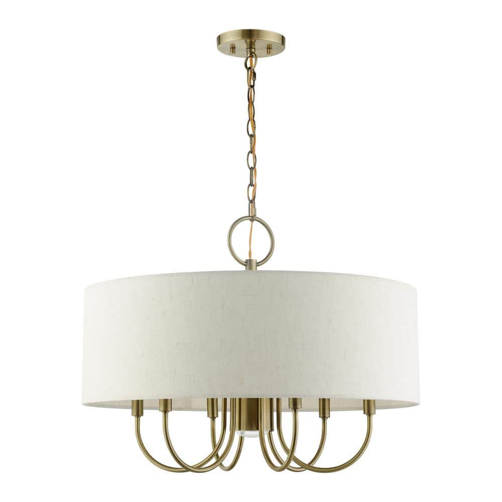 Blossom Antique Brass 7-Light Drum Chandelier with Oatmeal Shade