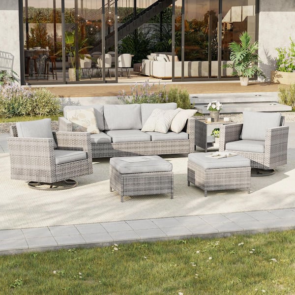 6-Piece Patio Conversation Set Gray Wicker with Swivel Rocking Chair and Side Table, Linen Grey