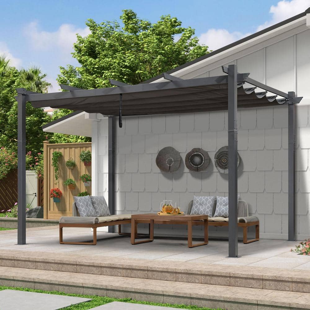 Gray Aluminum 9.5' x 13' Retractable Pergola with Canopy