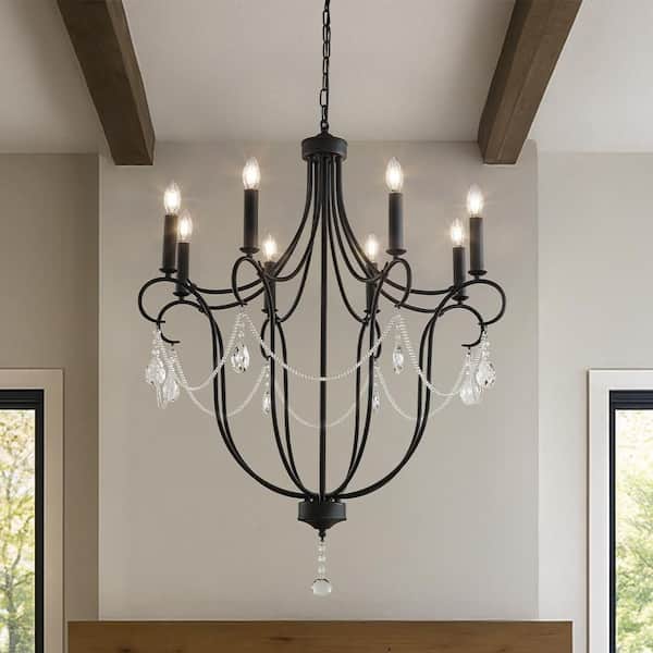 W32 in. 8-Light Black Mid-Century Modern Candelabra Crystal Chandelier Vintage Candle Pendant Light for Living Room