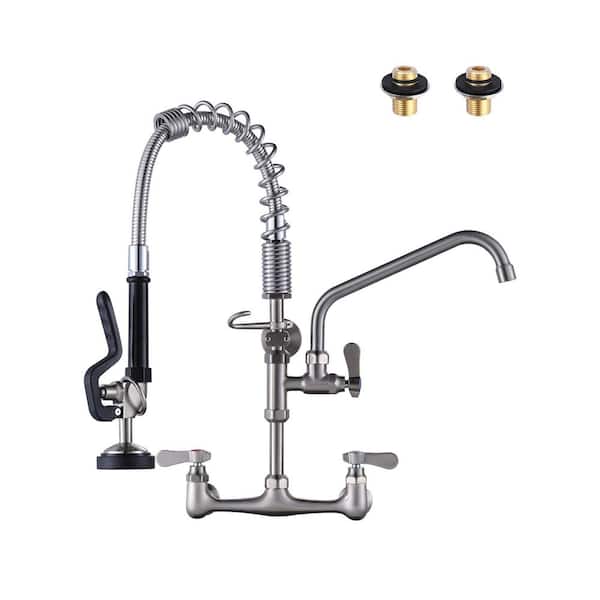 21" H Commercial Wall Mount Triple Handle Pull Down Sprayer Kitchen Faucet with Pre-Rinse Sprayer in Brushed Nickel