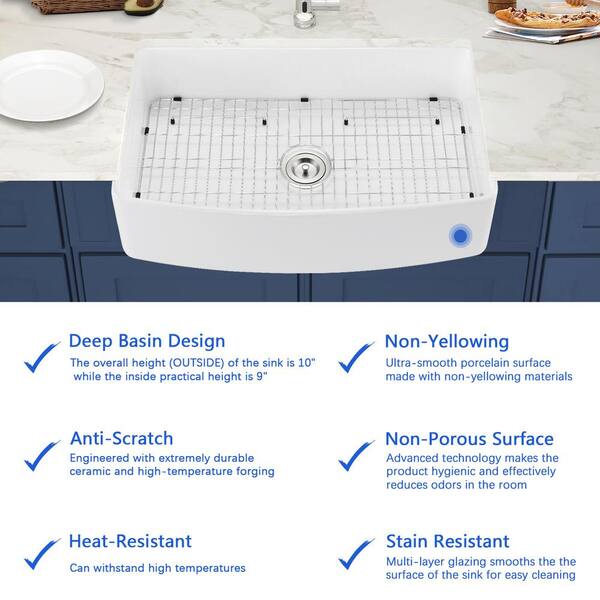 Kingsman White Fireclay 30 in. Single Bowl Farmhouse Apron Reversible Kitchen Sink with Strainer