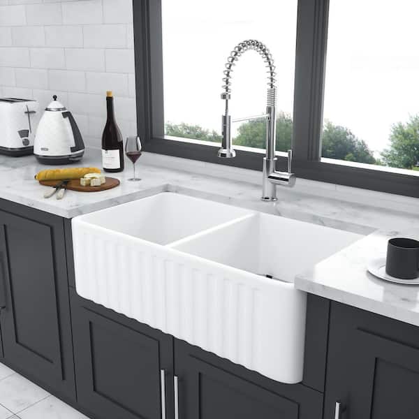 Unbranded 33 in. Farmhouse Double Bowl White Ceramic Kitchen Sink with Bottom Grids
