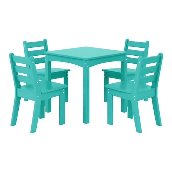 WESTIN OUTDOOR Garden Party Children's 5-Piece Square Outdoor Patio All Weather HDPE Plastic Top Turquoise Dining Table Set