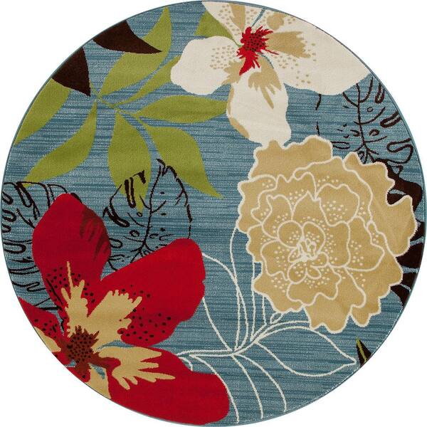 Art Carpet Antigua Tropical Floral Aqua 5 ft. x 5 ft. Round Area Rug