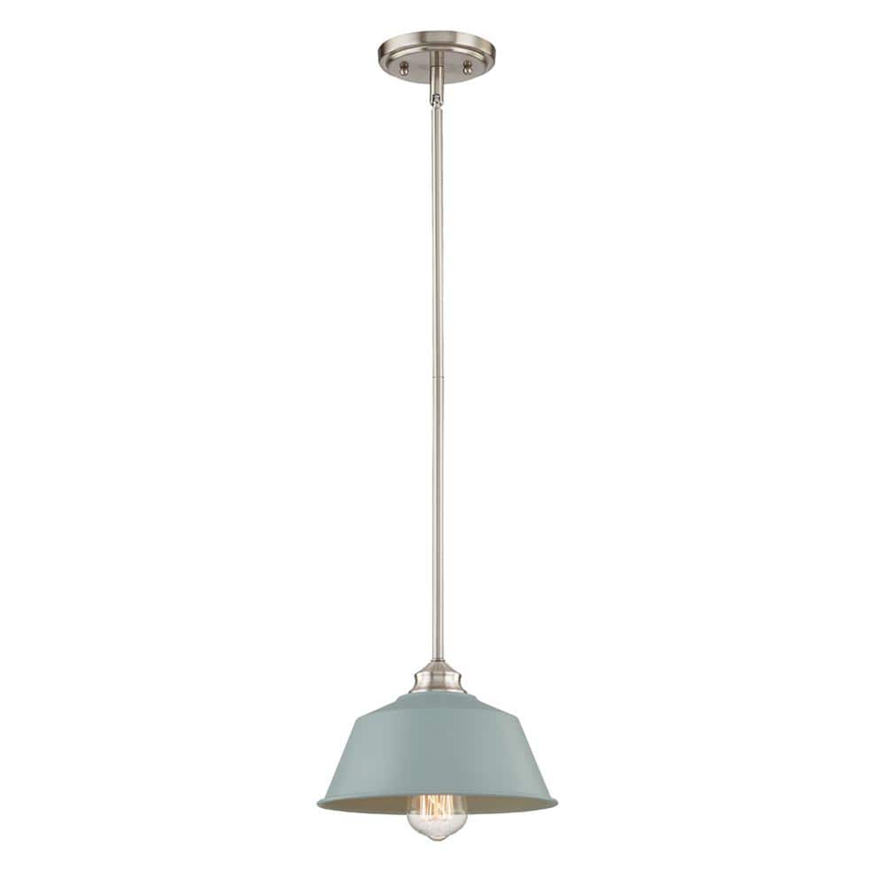 Cholet 10 in. 1-Light Pendant in Satin Nickel with Light Blue Metal Shade P