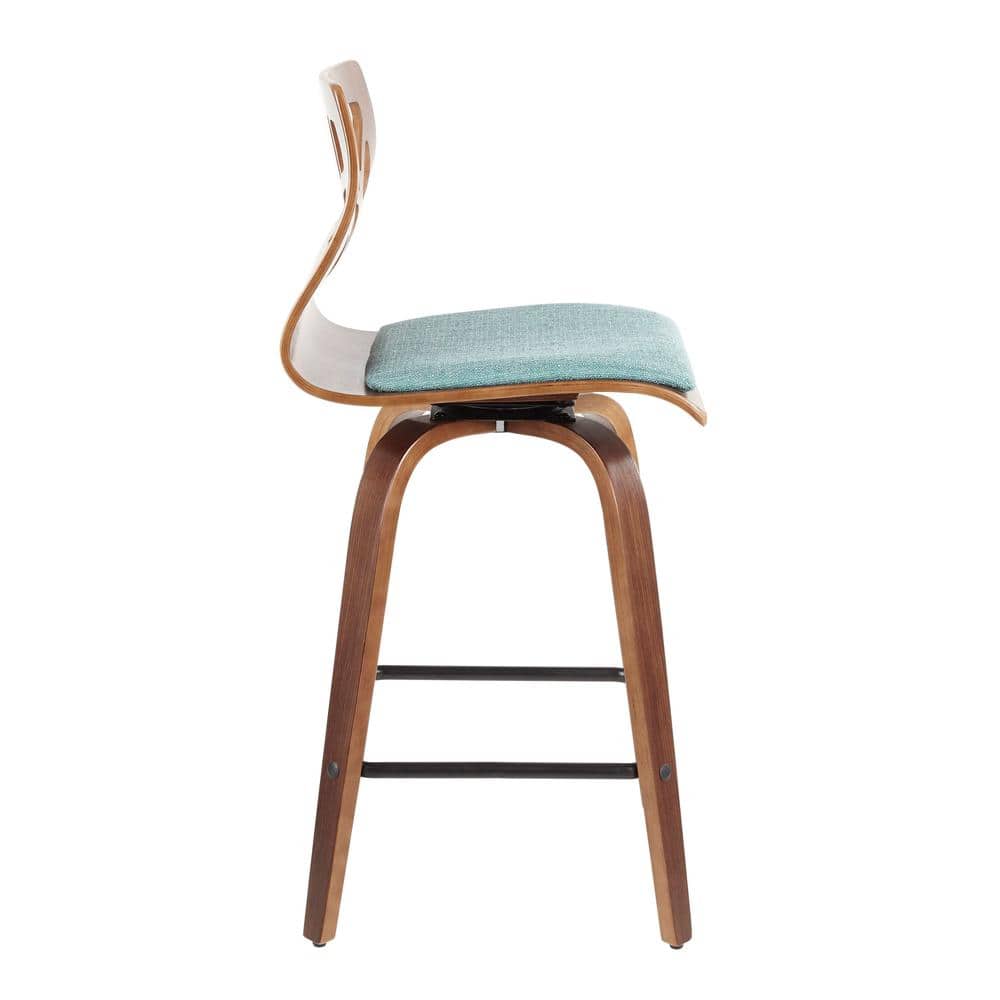 Walnut Wood Teal Fabric Mid Century Modern Swivel Counter Stool