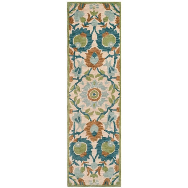Antiquity 2 ft. x 12 ft. Ivory/Green Floral Geometric Runner Rug