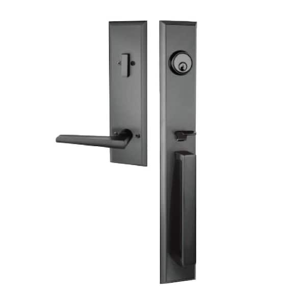 Regency 72 in. x 96 in. 5L Modern Frosted Glass RHIS Onyx Fiberglass Prehung Front Door w/Dbl 16 in. SL_8011BLK Lockset