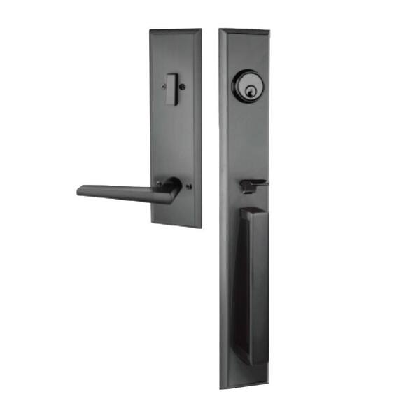 Regency 68 in. x 96 in. 5L Modern Frosted Glass RHIS Onyx Fiberglass Prehung Front Door w/ Dbl 14 in. SL_8011BLK Lockset