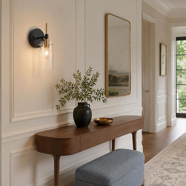 Modern 1-Light Brass Gold Wall Sconce, Black Bathroom Vanity Light with Open Cylinder Clear Glass Shades DIY Wall Light
