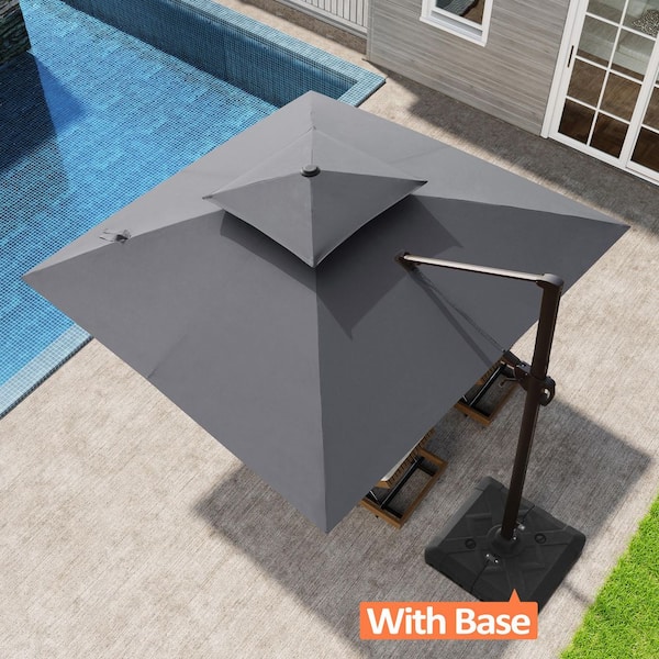 Pellebant Double Top 10 ft. Square Aluminum Outdoor 360° Rotation Cantilever Patio Umbrella in Dark Gray with Base