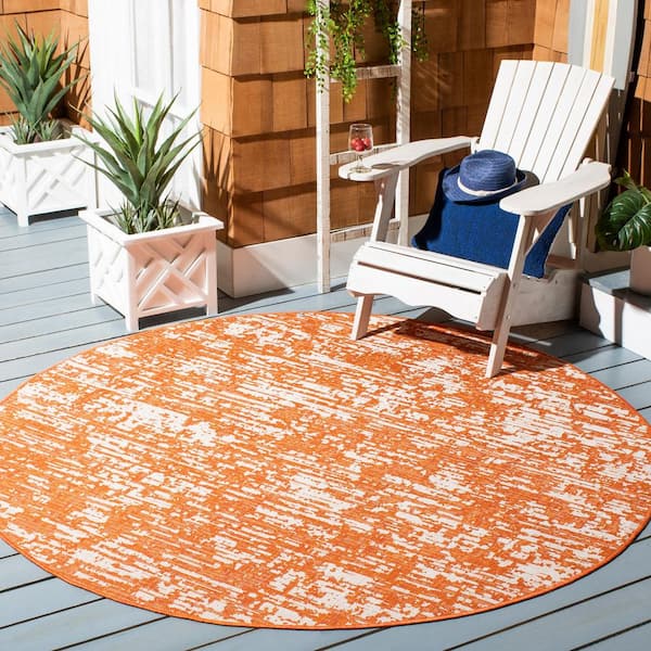 Courtyard Orange/Ivory 7 ft. x 7 ft. Distressed Abstract Indoor/Outdoor Patio  Round Area Rug