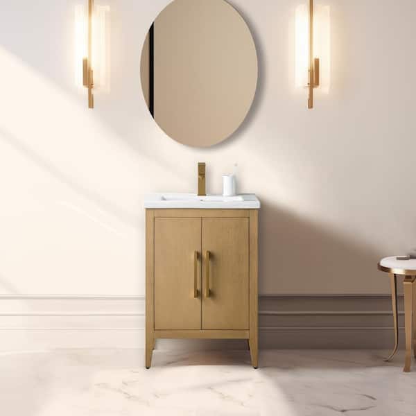 24 in. W x 18.5 in D x 34 in. H Single Sink Bathroom Vanity Cabinet in Natural Oak with Ceramic Top in White