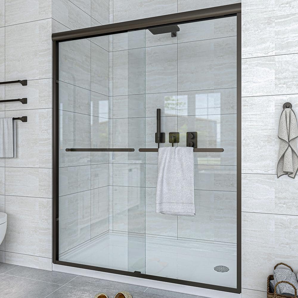 60'' Oil Rubbed Bronze Sliding Shower Door with Clear Glass